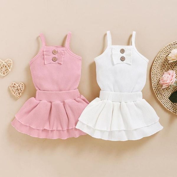 

summer girls two-pieces cotton sling romper +solid color skirt baby's sets, White