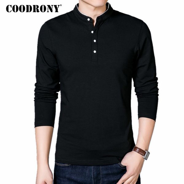 

Coodrony T -Shirt Men 2017 Spring Autumn New 100 %Cotton T Shirt Men Solid Color Tshirt Mandarin Collar Long Sleeve Top Tees 7608