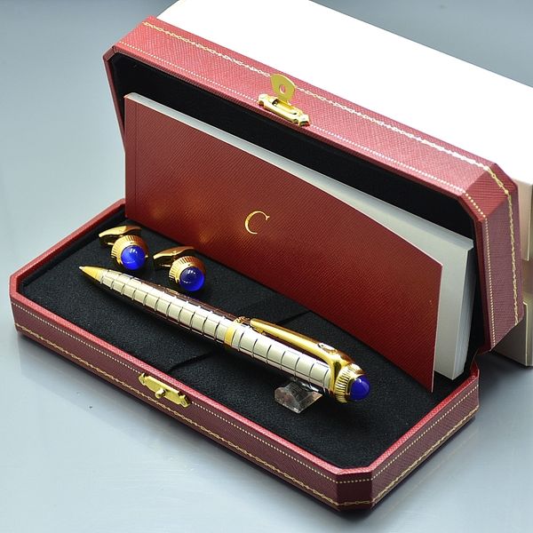 

birthday gift set - luxury cartler branding metal ballpoint pen + man shirt cufflink jewelry cuff links with original box packaging, Blue;orange