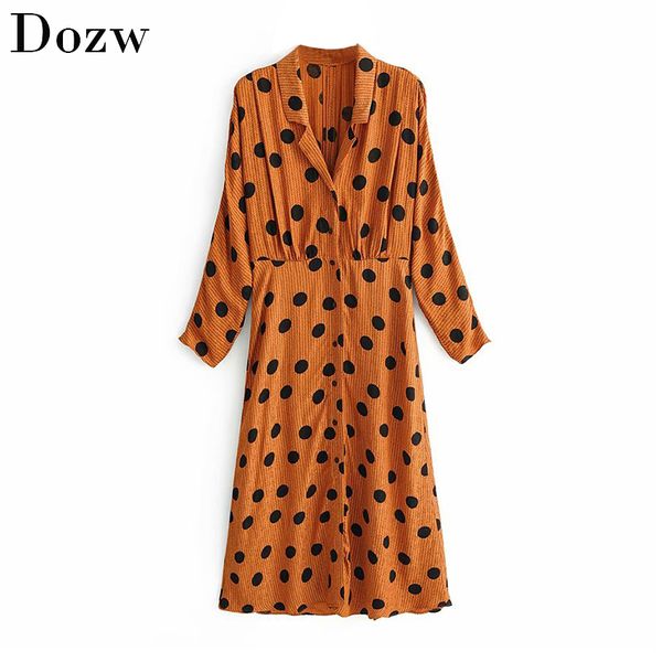 

polka dot midi dress women batwing long sleeveturn down collar retro embroidery shirt dress split party dresses vestidos, Black;gray