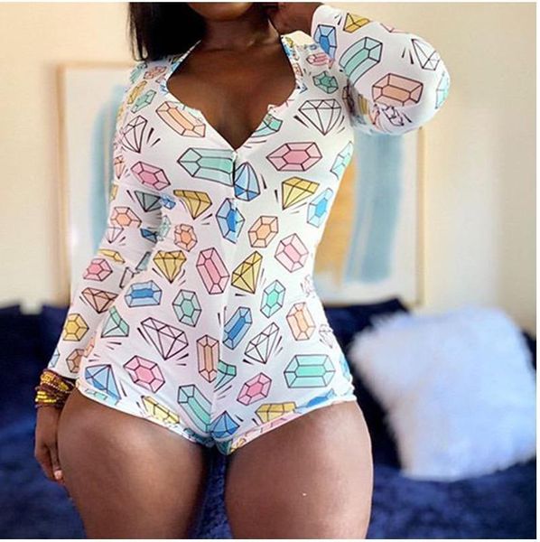 

women plus size rompers summer women nightwear playsuit workout button skinny print jumpsuits v-neck short onesies, White