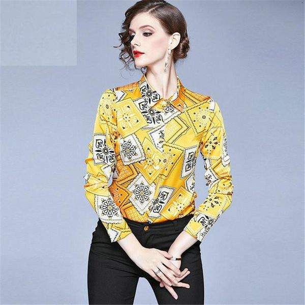

2020 new runway autumn fashion vintage print blouses shirt elegant long sleeve chiffon blouse women casual loose work wear, White
