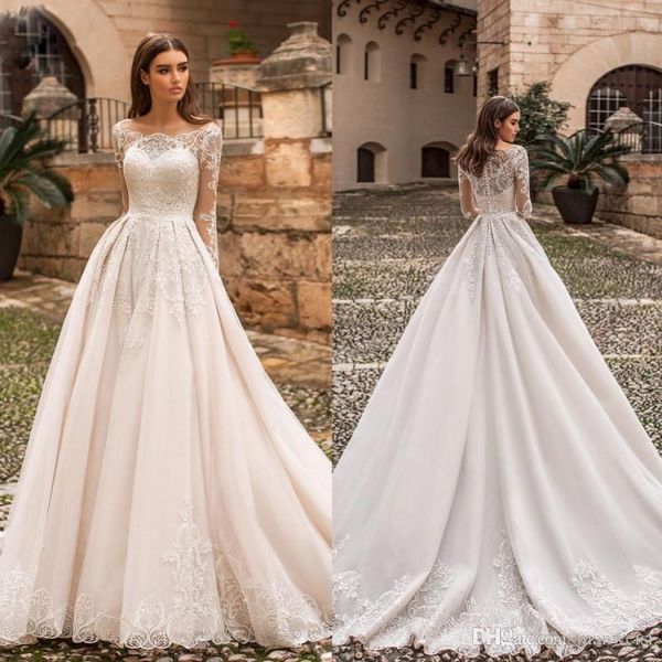 

2019 elegant designer wedding dresses bateau neck lace appliqued long sleeves bridal gowns sweep train plus size vestido de novia, White;pink