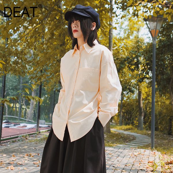 

deat] женщины карман solid color split joint блуза новый нагрудные длинным рукавом сыпучие fit рубашка мода tide весна осень 2020 13e888, White