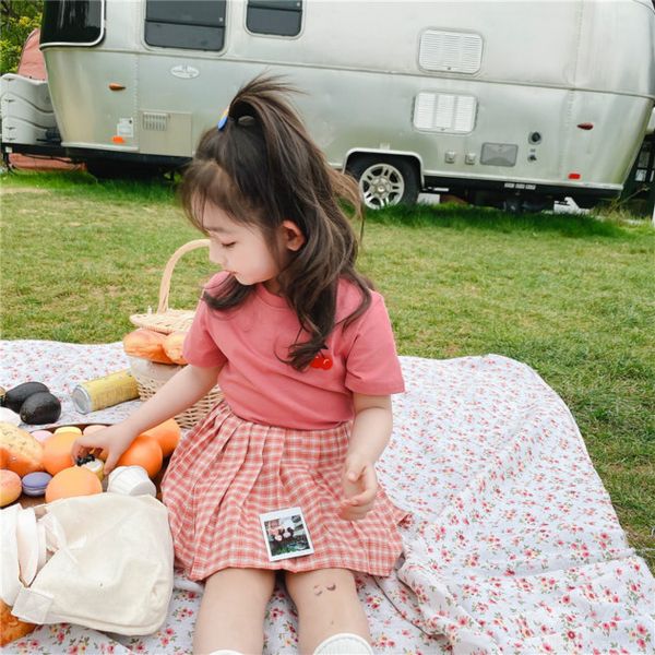 

girl designer clothing sets fashion kids girls embroidery short sleeve t-shirts + pleated skirt children suits summer new two pieces, White