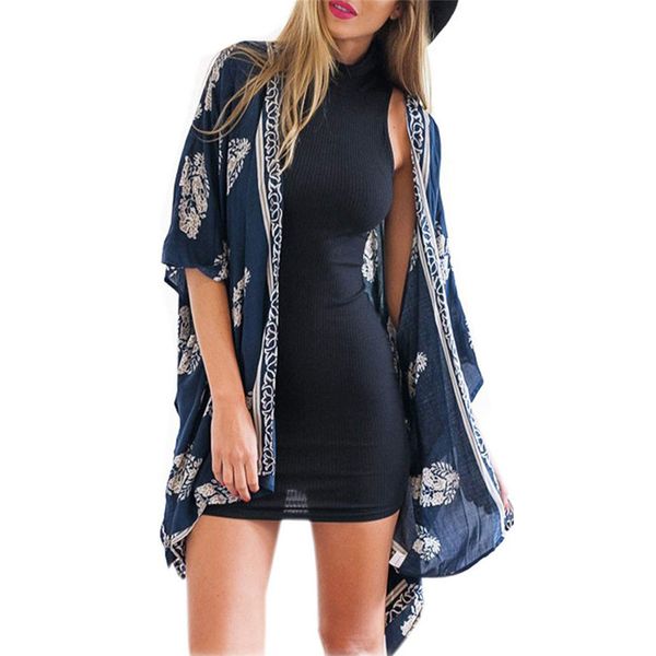 

women's trench feminine fashion printed kimono cardigan blouse beach cover up cut female wind feminine coat lightweight, Black;brown