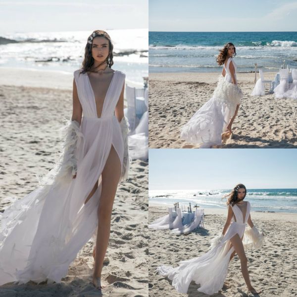 

country style boho wedding dresses deep v neck chiffon high side split 2020 bohemian bride beach wedding gowns vestidos de novia, White