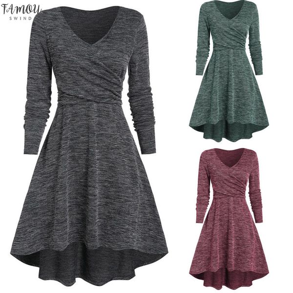 

crossover plain dress women plus size 3xl solid long sleeve v-neck winter fashion trend asymmetrical casual dress, Black;gray
