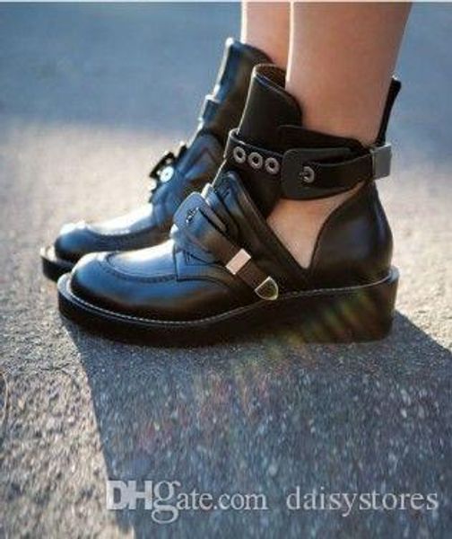 

cut out buckle motorcycle boots punk martin ankle boots sandals black genuine leather women summer sandal boots ing