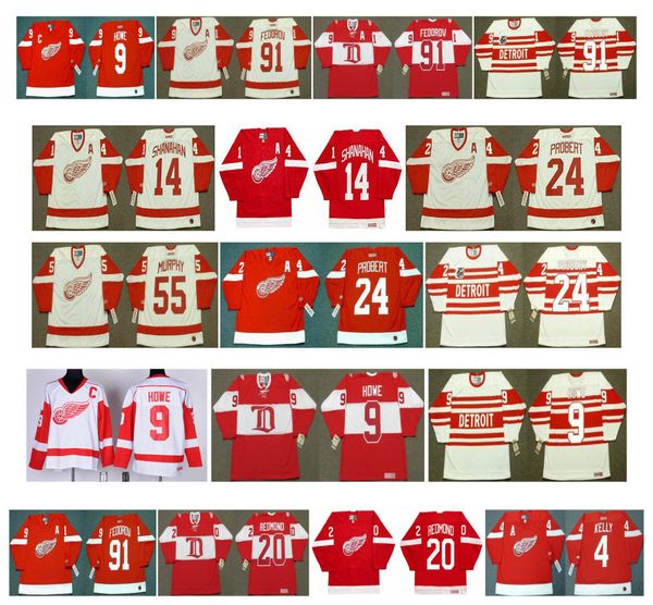 

vintage detroit red wings jerseys 14 brendan shanahan 24 bob probert 55 larry murphy 9 gordie howe 91 sergei fedorov 20 redmond ccm hockey, Black;red