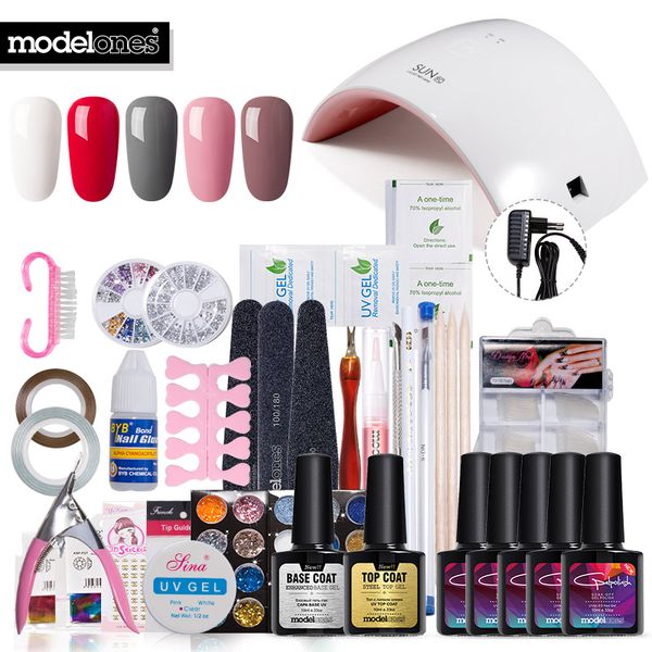 

modelones 35pcs/lot full nails tools set soak off 5 colors nail gel polish fashion 24w uv lamp nail art manicure kit gel varnish
