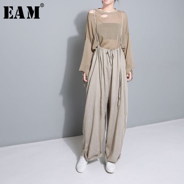 

eam] 2020 new spring high waist drawstring loose big size long wasy wearing wide leg pants women trousers fashion jf545, Black;white