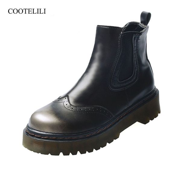 

cootelili fashion brogue boots for women ladies ankle boots slip on pu leather women shoes rubber basic shoes 35-39, Black