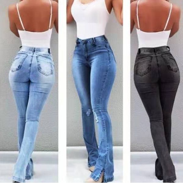 

women skinny hole trouser middle waist denim jeans elastic long pants leggings ser88, Blue