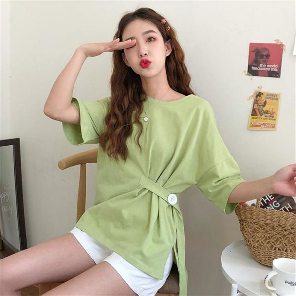 

summer clothes loose slim irregular short-sleeved t-shirt female 2019 mid-length base shirt ins fashion, White