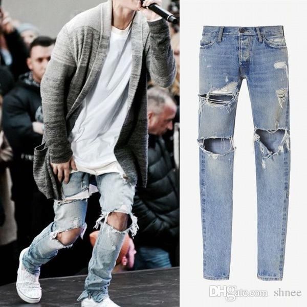 

mens ripped skinny straight slim elastic denim fit biker jeans pants long pants stylish straight slim fit jeans, Blue