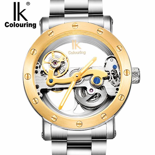 

fashion brand ik colouring tourbillon hollow watch, multi-function 50m waterproof luxury casual steel strap mechanical watch, Slivery;brown