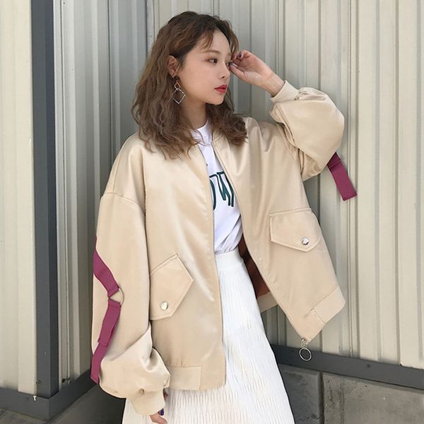 

2019 new spring autumn women's korean loose jacket coat personality ribbon baseball suit student pilot jacket tide ml095, Black;brown