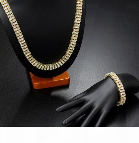 

men silver gold plated hiphop iced out 3 row simulated diamond bling bling chain bracelet set jewelry