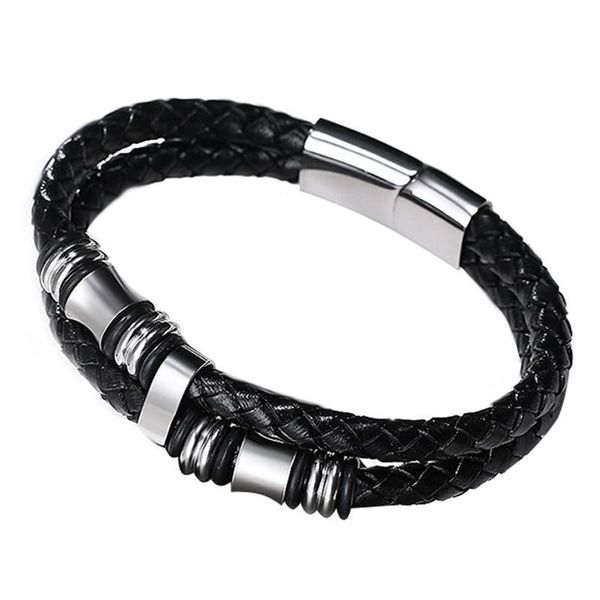 

no fade men's black cow genuine leather wrap bracelet titanium stainless steel magnetic rope chain male charm bracelet for men, Golden;silver