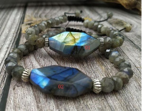 

ya3938 natural labradorite stone labradorite rondelle beads cord knotted adjustable bracelet, Golden;silver