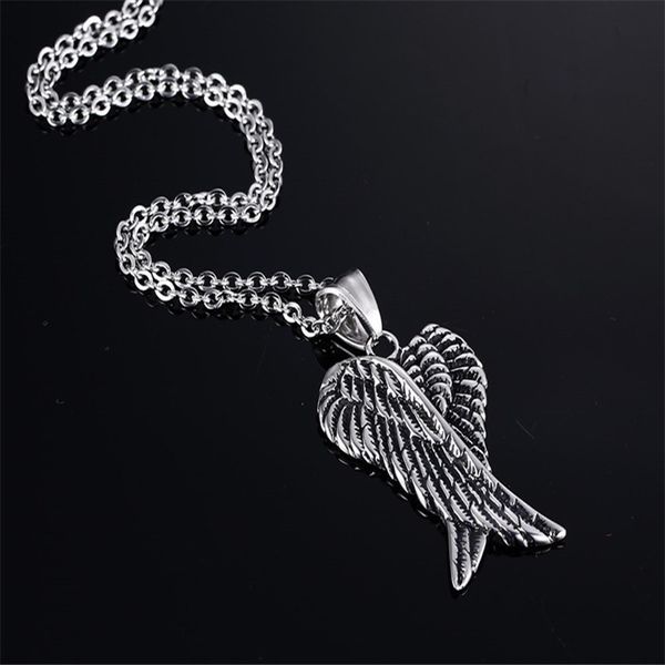 

men necklaces stainless steel gothic vintage double angel wings pendant collier kolye mens fashion biker jewelry, Silver