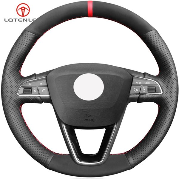 

lqtenleo black genuine leather suede steering wheel cover for seat leon 5f 3 2013-2019 ibiza 6j arona ateca alhambra 2016-2019