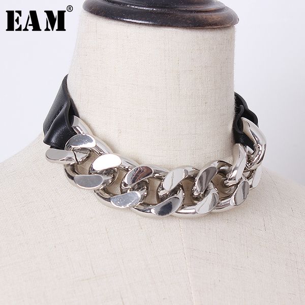 

eam] women black pu leather metal chain stitch necklace new temperament fashion tide all-match spring autumn 2019 1b797, Silver