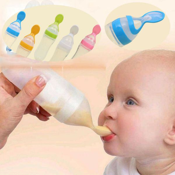 

newly 90ml baby cute lovely safety utensils infant baby silicone feeding with spoon feeder food rice cereal bottle for gift