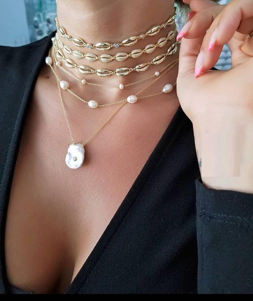 

2019 gold filled fashion summer beach trendy women girl jewelry micro pave white rainbow cz sea shell design choker necklace, Golden;silver