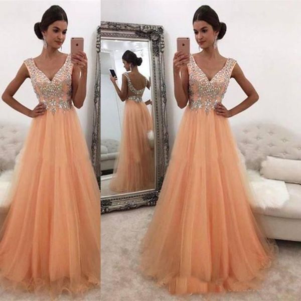

2019 Girl's Prom Dresses V Neck A Line Tulle Backless South African Long Evening Gowns With Rhinestones Crystals Party Dresses