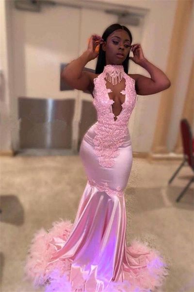 

pink halter satin feather mermaid prom dresses 2020 lace appliques beaded floor length celebrity evening gowns bc3425, Black