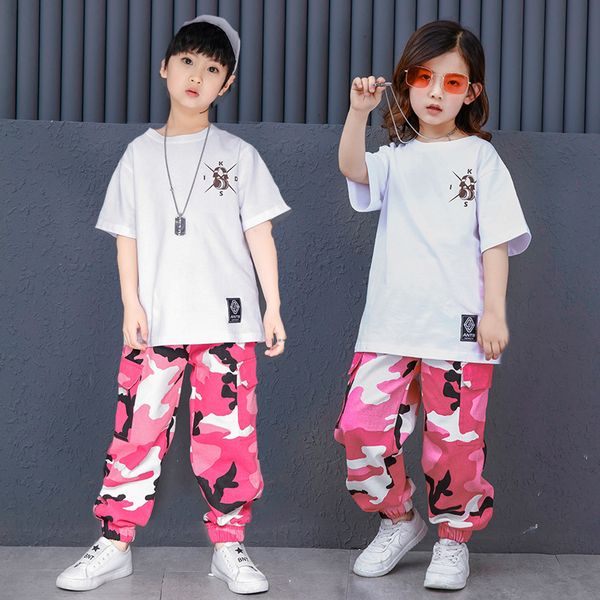 

pink camouflage ballroom hip hop dance clothing children jazz hiphop street dance costume t-shirt pants suit for kids boys girls, Black;red