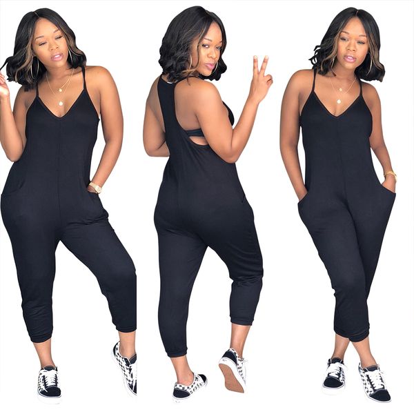 

women casual jumpsuit pocket sleeveless strap v neck one piece romper harem pants playsuit overalls, Black;white