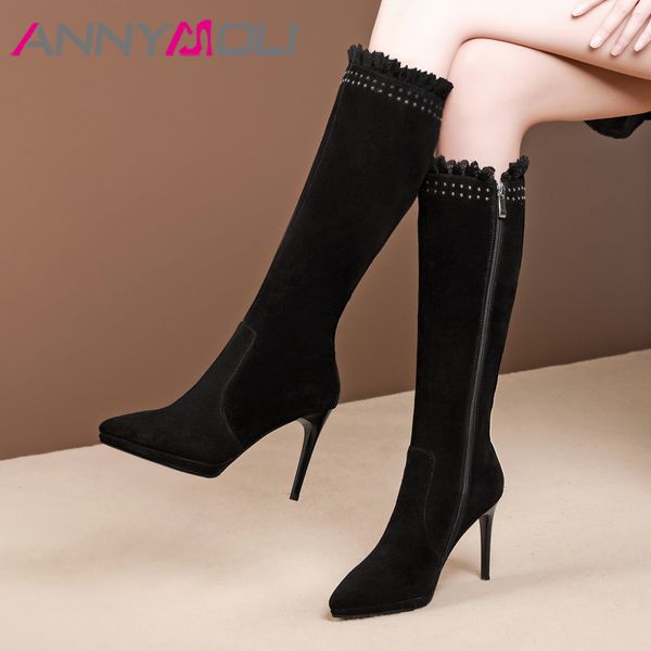

annymoli winter knee high boots women kid suede zipper thin heel long boots real leather super high heel shoes ladies size 34-39, Black