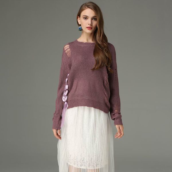 

new 2018 autumn winter women sweaters and pullovers round neck thick knitting purple sweaters female loose with hole bandages, White;black