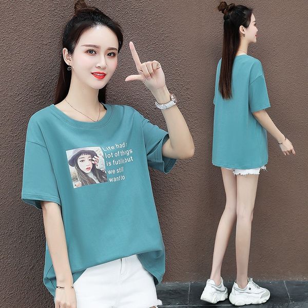 

blue short-sleeved t-shirt t-shirt women's 2020 loose cotton half-sleeve harajuku style ins fashion, White