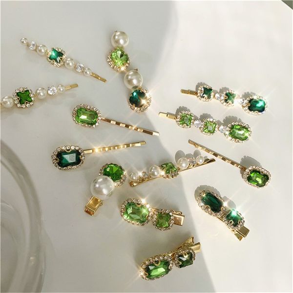 

aomu vintage green rhinestone palace style fashion pearl hair clip crystal hair pin accessories women barrette headdress, Golden;white