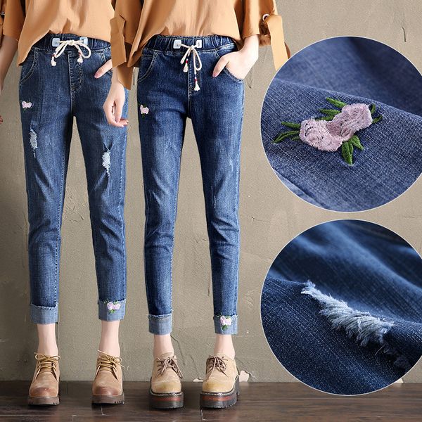 

эластичный пояс джинсы 2019 весна и осень повседневные джинсы вышитые вышивка капри женщин ковбой, Blue
