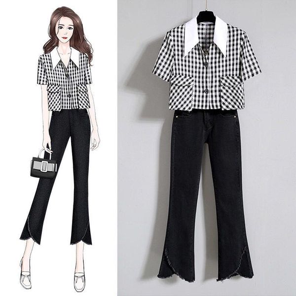 

plus size women plaid 2 piece set summer strapless crop and strap print long pants black zipper sets suits 4xl, White