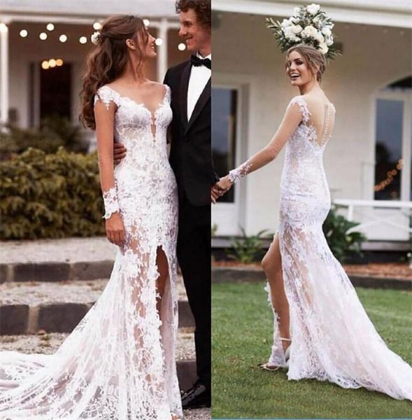 

setwell deep v-neck mermaid wedding dresses long sleeves illusion backless fully lace appliques floor length bridal gowns, White