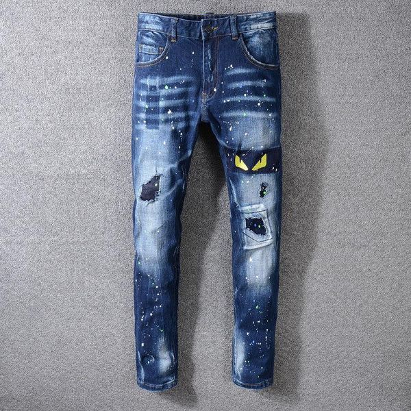 

brand new mens skinny jeans distressed ripped white jeans slim fit motorcycle biker denim jeans 2020 fashion designer pantalones, Blue
