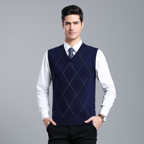 

macrosea high-quality brand men's wool vest men's leisure design argyle sleeveless wool sweater male formal casual pullover 1681, White;black