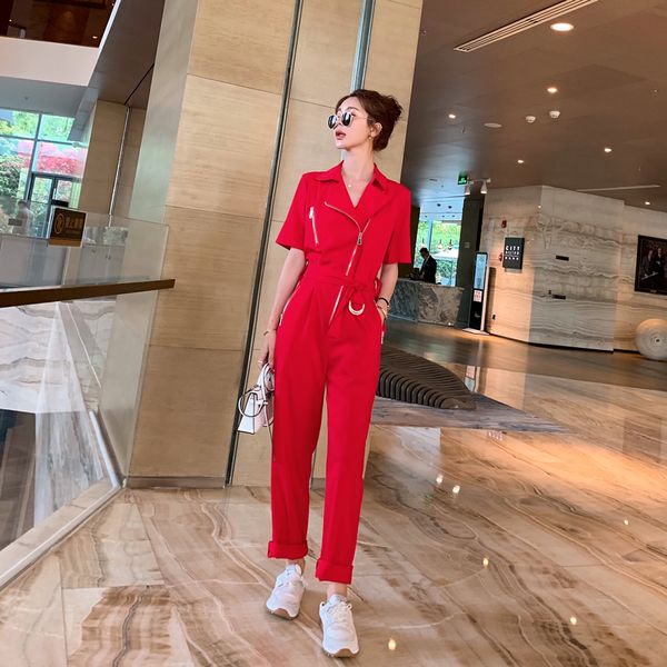 

2020 summer women short sleeve zipper sashe red jumpsuit one piece straight pants female streetwear hiphop trouser overalls df01, Black;white