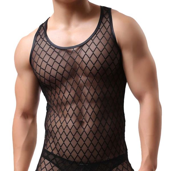 

fashion mesh men tank fishnet see through sleeveless gay funny sheer vest singlets undershirts, Red;black