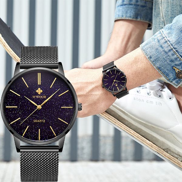 

men watches brand wwoor highend black starry sky watch quartz mesh bands belt waterproof male casual sport watch+boxs, Slivery;brown