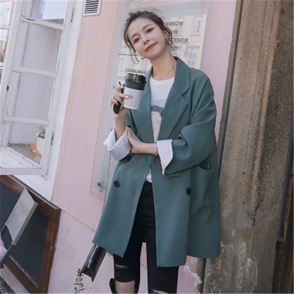 

2020 весна осень новый шикарный повседневный блейзеры костюм женщины корейский свободный британский стиль средней длины черный пиджак женска, White;black