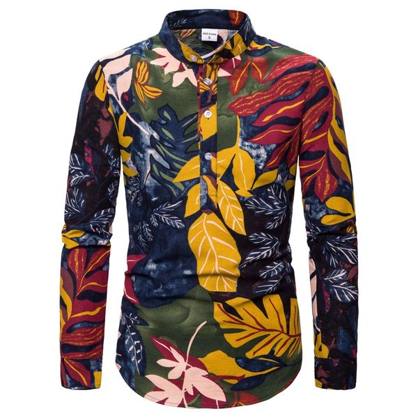 

man shirt mens ethnic printed linen long sleeve loose hawaiian henley shirt hawaiian 2019 new arrival camisas masculina f1, White;black