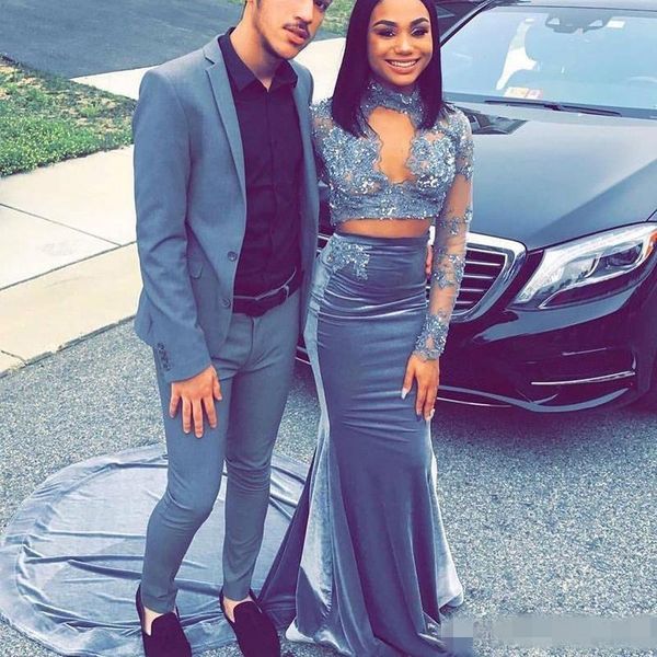 

2019 two piece prom dresses long sleeves high neck beaded sequins pluning velvet sweep train custom made plus size formal evening party gown, Black
