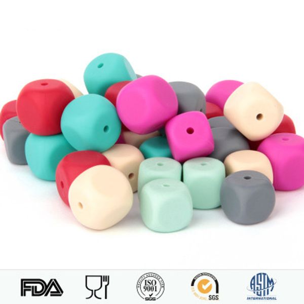 

baby teethers 100pcs/lot cube baby teething beads silicone dice food grade silicone beads pacifier clip diy for teething necklace